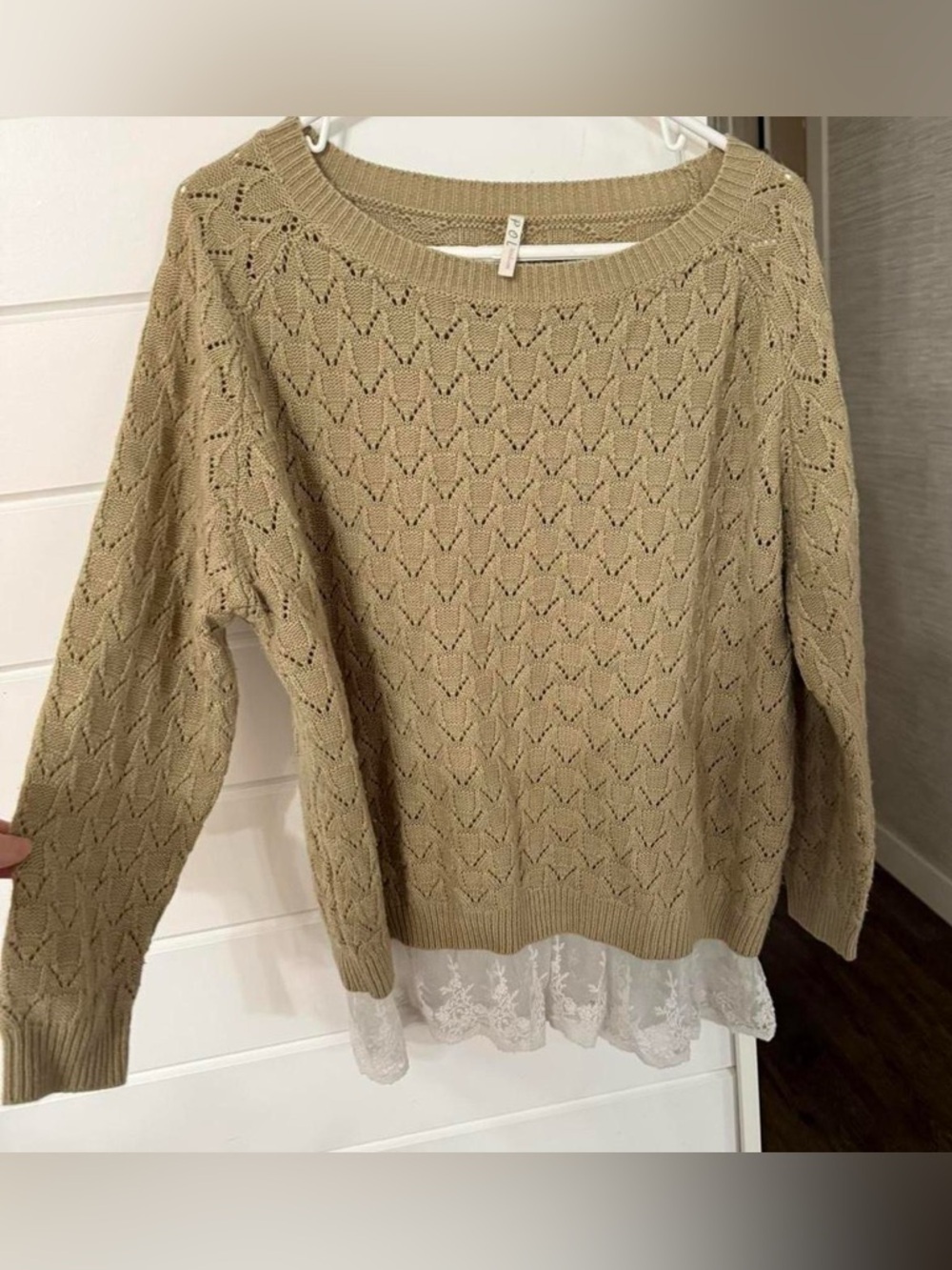 POL Women’s Lace-Hem Knit Sweater - Beige